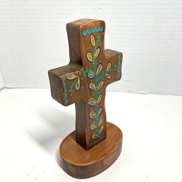 Hand-Painted Wooden Cross Figurine With Floral Design & Inspirational Message - Picture 6 of 8